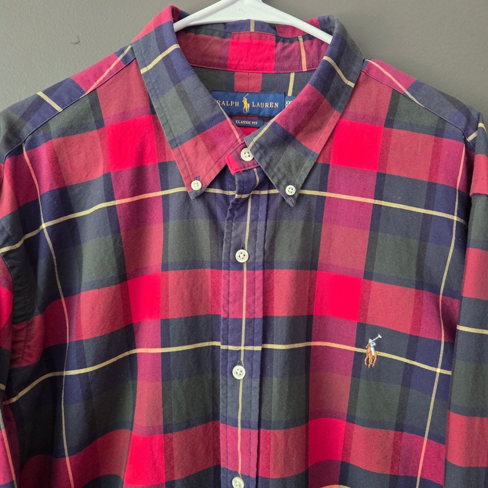 Ralph Lauren Mens XXL Classic Fit Plaid Button Down Shirt Red Navy Blue Green